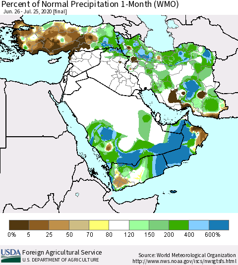 Middle East and Turkey Percent of Normal Precipitation 1-Month (WMO) Thematic Map For 6/26/2020 - 7/25/2020