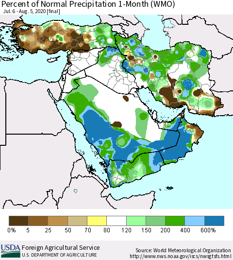 Middle East and Turkey Percent of Normal Precipitation 1-Month (WMO) Thematic Map For 7/6/2020 - 8/5/2020