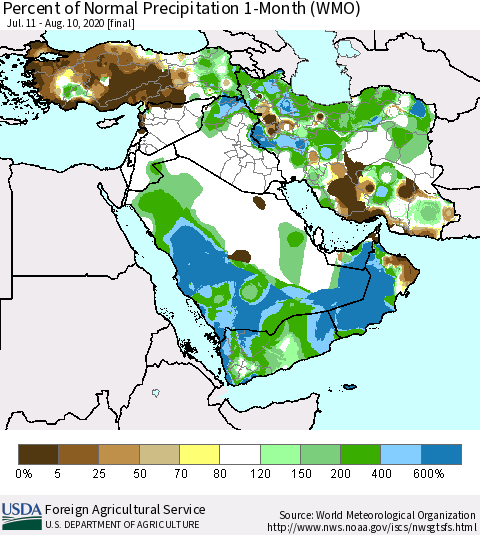 Middle East and Turkey Percent of Normal Precipitation 1-Month (WMO) Thematic Map For 7/11/2020 - 8/10/2020