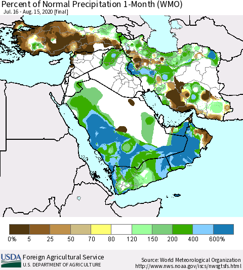 Middle East and Turkey Percent of Normal Precipitation 1-Month (WMO) Thematic Map For 7/16/2020 - 8/15/2020
