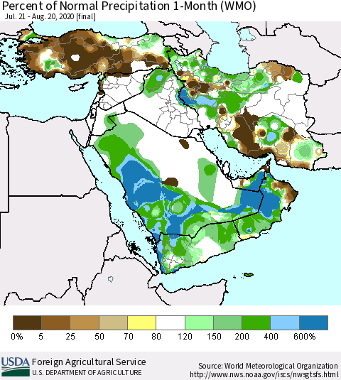 Middle East and Turkey Percent of Normal Precipitation 1-Month (WMO) Thematic Map For 7/21/2020 - 8/20/2020