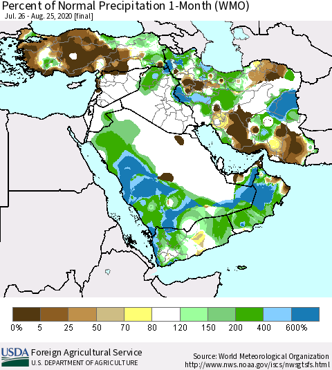 Middle East and Turkey Percent of Normal Precipitation 1-Month (WMO) Thematic Map For 7/26/2020 - 8/25/2020