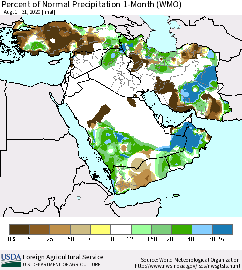 Middle East and Turkey Percent of Normal Precipitation 1-Month (WMO) Thematic Map For 8/1/2020 - 8/31/2020