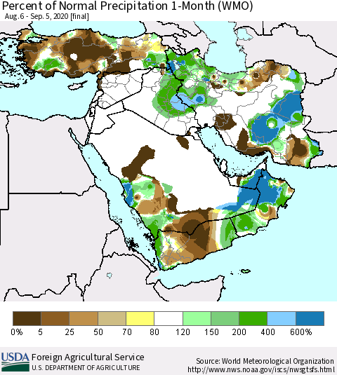 Middle East and Turkey Percent of Normal Precipitation 1-Month (WMO) Thematic Map For 8/6/2020 - 9/5/2020