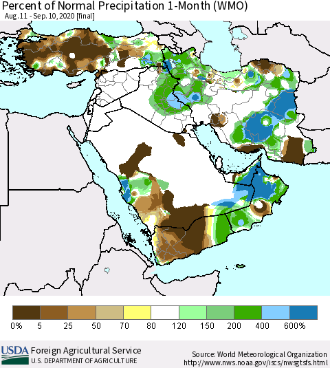 Middle East and Turkey Percent of Normal Precipitation 1-Month (WMO) Thematic Map For 8/11/2020 - 9/10/2020