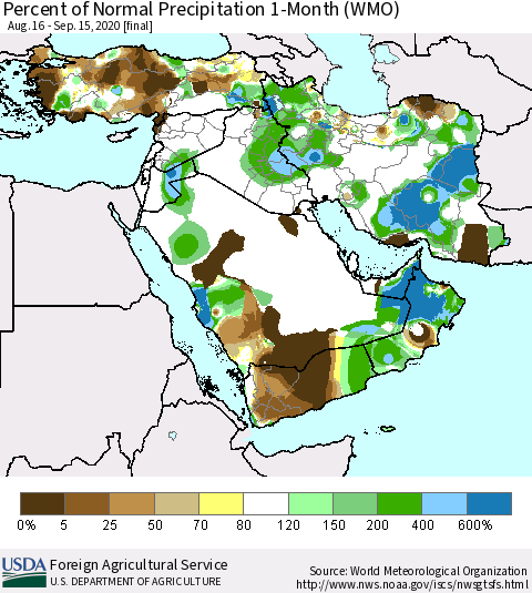 Middle East and Turkey Percent of Normal Precipitation 1-Month (WMO) Thematic Map For 8/16/2020 - 9/15/2020