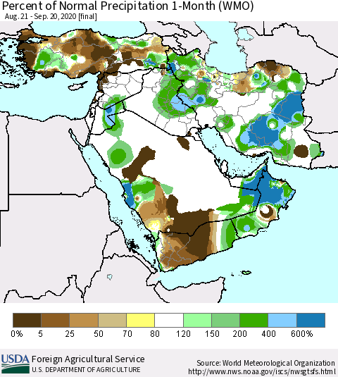 Middle East and Turkey Percent of Normal Precipitation 1-Month (WMO) Thematic Map For 8/21/2020 - 9/20/2020