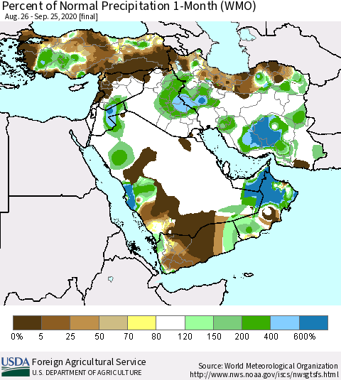 Middle East and Turkey Percent of Normal Precipitation 1-Month (WMO) Thematic Map For 8/26/2020 - 9/25/2020