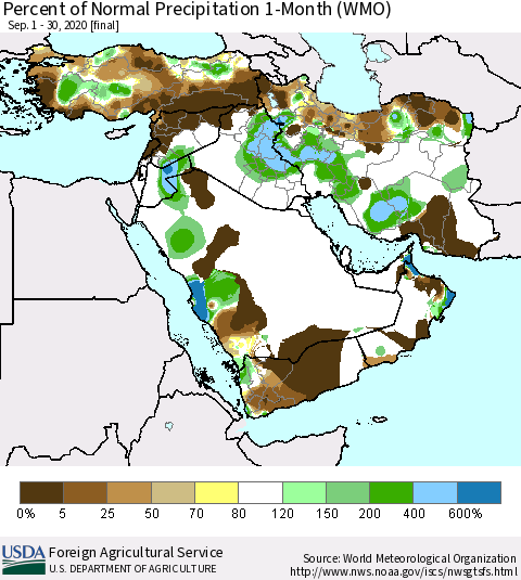 Middle East and Turkey Percent of Normal Precipitation 1-Month (WMO) Thematic Map For 9/1/2020 - 9/30/2020