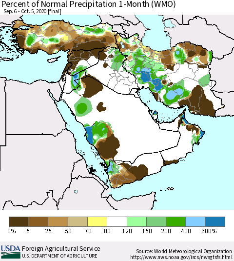 Middle East and Turkey Percent of Normal Precipitation 1-Month (WMO) Thematic Map For 9/6/2020 - 10/5/2020