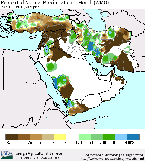 Middle East and Turkey Percent of Normal Precipitation 1-Month (WMO) Thematic Map For 9/11/2020 - 10/10/2020