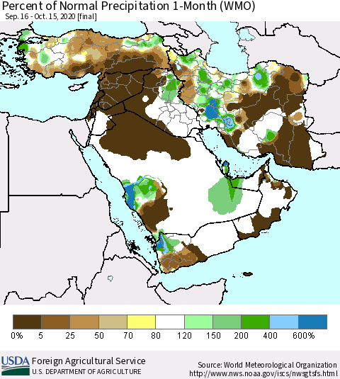 Middle East and Turkey Percent of Normal Precipitation 1-Month (WMO) Thematic Map For 9/16/2020 - 10/15/2020