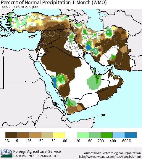 Middle East and Turkey Percent of Normal Precipitation 1-Month (WMO) Thematic Map For 9/21/2020 - 10/20/2020