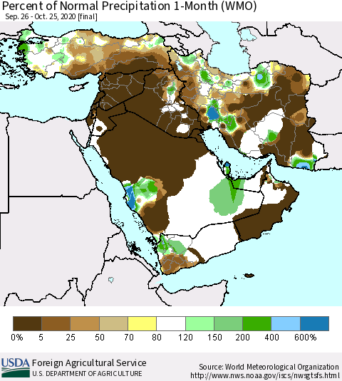 Middle East and Turkey Percent of Normal Precipitation 1-Month (WMO) Thematic Map For 9/26/2020 - 10/25/2020
