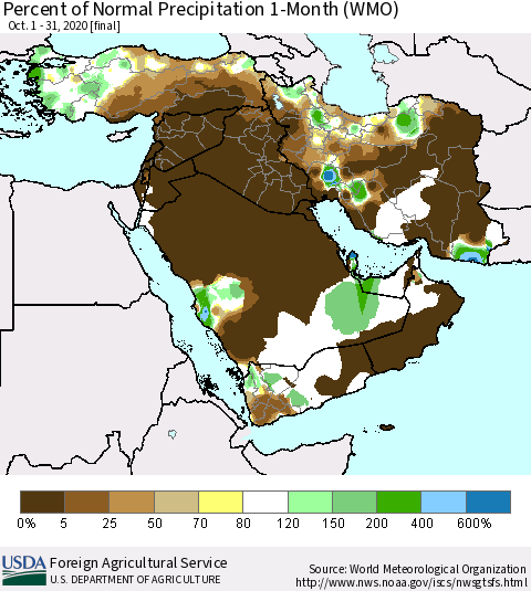 Middle East and Turkey Percent of Normal Precipitation 1-Month (WMO) Thematic Map For 10/1/2020 - 10/31/2020