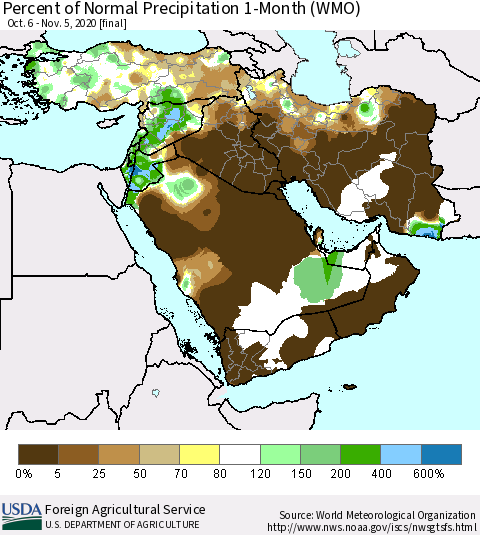 Middle East and Turkey Percent of Normal Precipitation 1-Month (WMO) Thematic Map For 10/6/2020 - 11/5/2020
