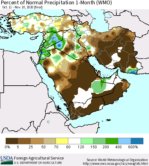 Middle East and Turkey Percent of Normal Precipitation 1-Month (WMO) Thematic Map For 10/11/2020 - 11/10/2020