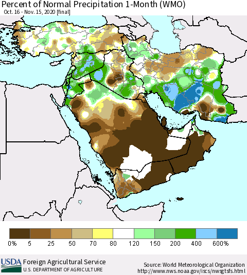 Middle East and Turkey Percent of Normal Precipitation 1-Month (WMO) Thematic Map For 10/16/2020 - 11/15/2020