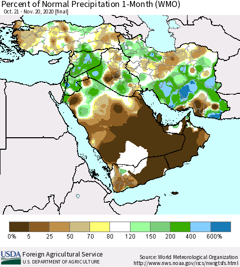 Middle East and Turkey Percent of Normal Precipitation 1-Month (WMO) Thematic Map For 10/21/2020 - 11/20/2020