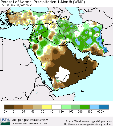 Middle East and Turkey Percent of Normal Precipitation 1-Month (WMO) Thematic Map For 10/26/2020 - 11/25/2020