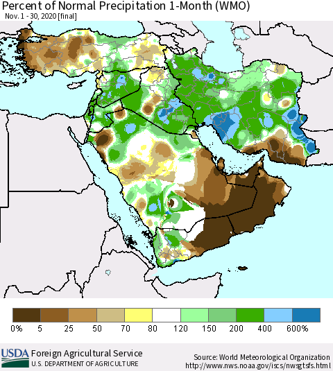 Middle East and Turkey Percent of Normal Precipitation 1-Month (WMO) Thematic Map For 11/1/2020 - 11/30/2020