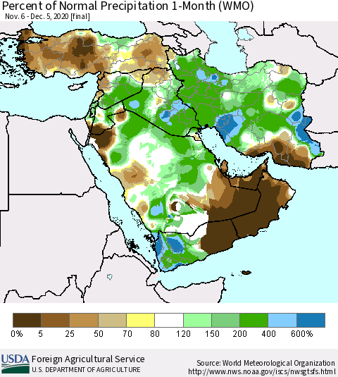 Middle East and Turkey Percent of Normal Precipitation 1-Month (WMO) Thematic Map For 11/6/2020 - 12/5/2020