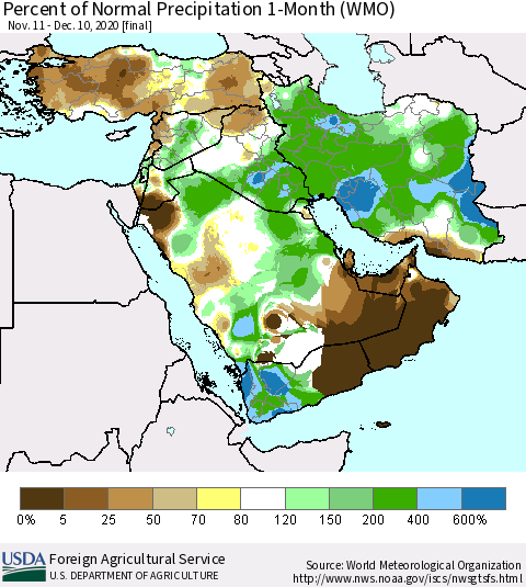 Middle East and Turkey Percent of Normal Precipitation 1-Month (WMO) Thematic Map For 11/11/2020 - 12/10/2020