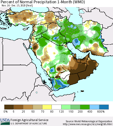 Middle East and Turkey Percent of Normal Precipitation 1-Month (WMO) Thematic Map For 11/16/2020 - 12/15/2020