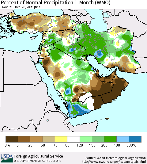 Middle East and Turkey Percent of Normal Precipitation 1-Month (WMO) Thematic Map For 11/21/2020 - 12/20/2020
