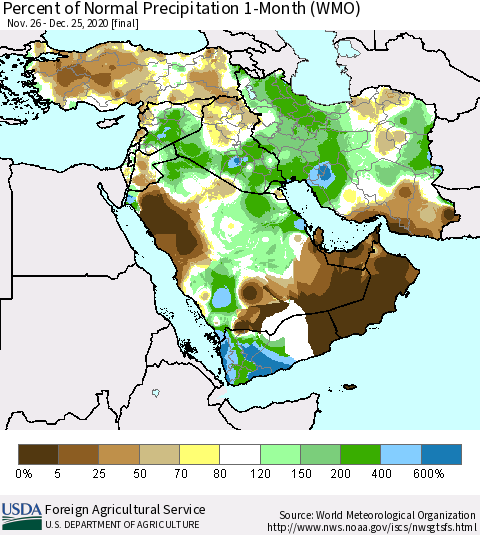 Middle East and Turkey Percent of Normal Precipitation 1-Month (WMO) Thematic Map For 11/26/2020 - 12/25/2020