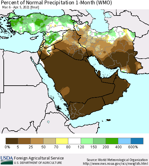 Middle East and Turkey Percent of Normal Precipitation 1-Month (WMO) Thematic Map For 3/6/2021 - 4/5/2021