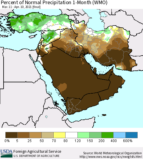 Middle East and Turkey Percent of Normal Precipitation 1-Month (WMO) Thematic Map For 3/11/2021 - 4/10/2021