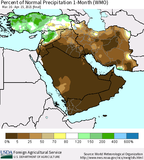 Middle East and Turkey Percent of Normal Precipitation 1-Month (WMO) Thematic Map For 3/16/2021 - 4/15/2021