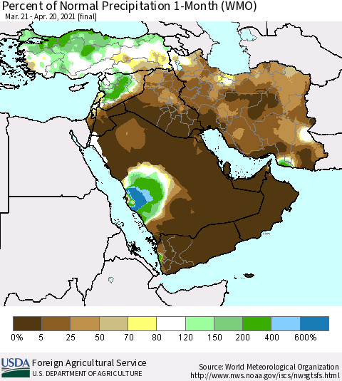 Middle East and Turkey Percent of Normal Precipitation 1-Month (WMO) Thematic Map For 3/21/2021 - 4/20/2021