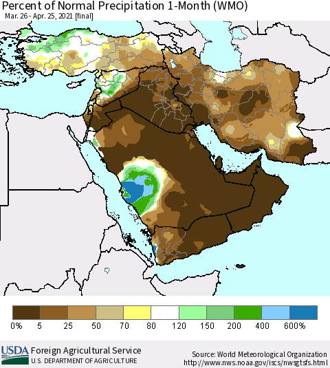 Middle East and Turkey Percent of Normal Precipitation 1-Month (WMO) Thematic Map For 3/26/2021 - 4/25/2021
