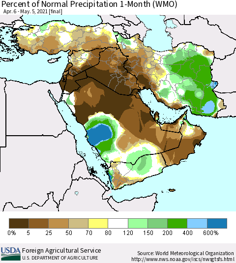 Middle East and Turkey Percent of Normal Precipitation 1-Month (WMO) Thematic Map For 4/6/2021 - 5/5/2021