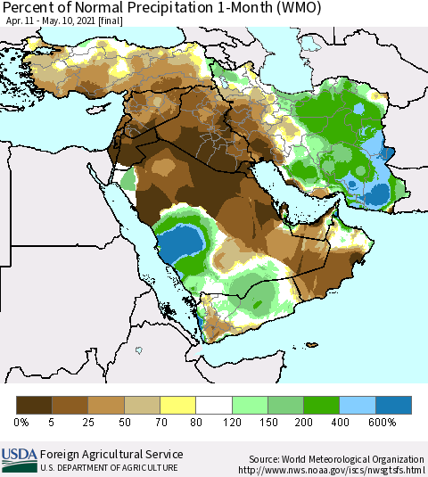 Middle East and Turkey Percent of Normal Precipitation 1-Month (WMO) Thematic Map For 4/11/2021 - 5/10/2021