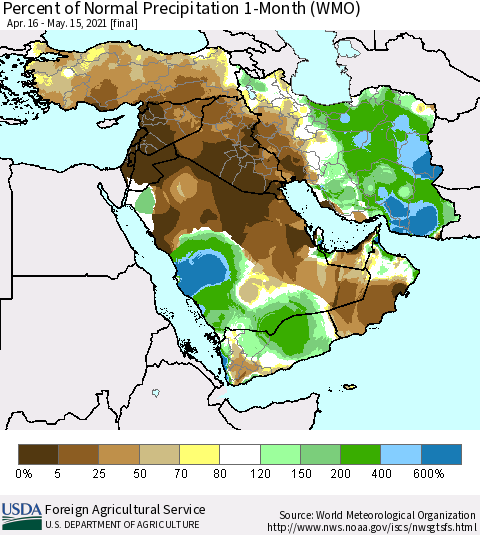 Middle East and Turkey Percent of Normal Precipitation 1-Month (WMO) Thematic Map For 4/16/2021 - 5/15/2021