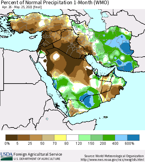 Middle East and Turkey Percent of Normal Precipitation 1-Month (WMO) Thematic Map For 4/26/2021 - 5/25/2021