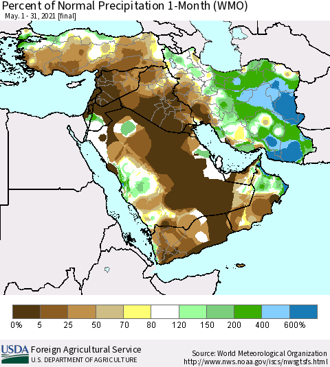 Middle East and Turkey Percent of Normal Precipitation 1-Month (WMO) Thematic Map For 5/1/2021 - 5/31/2021