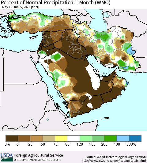 Middle East and Turkey Percent of Normal Precipitation 1-Month (WMO) Thematic Map For 5/6/2021 - 6/5/2021