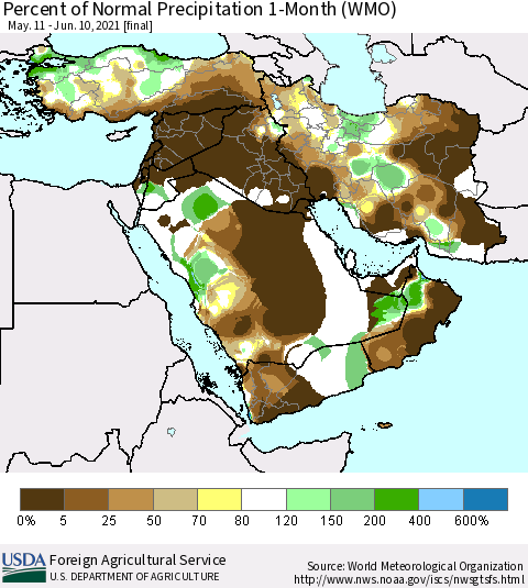 Middle East and Turkey Percent of Normal Precipitation 1-Month (WMO) Thematic Map For 5/11/2021 - 6/10/2021