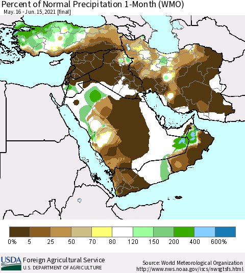 Middle East and Turkey Percent of Normal Precipitation 1-Month (WMO) Thematic Map For 5/16/2021 - 6/15/2021