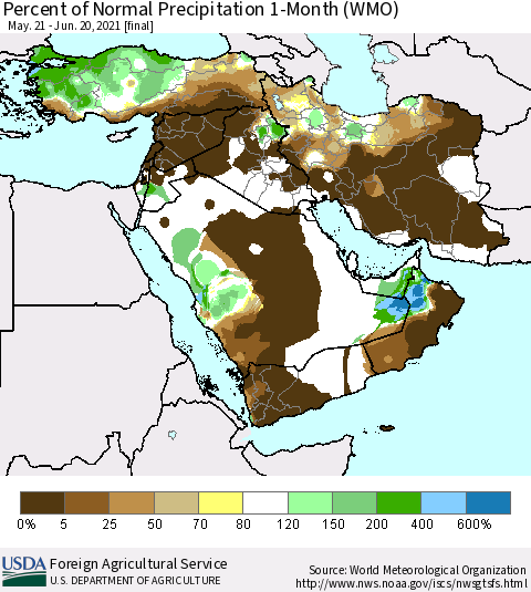 Middle East and Turkey Percent of Normal Precipitation 1-Month (WMO) Thematic Map For 5/21/2021 - 6/20/2021