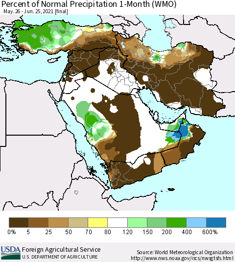 Middle East and Turkey Percent of Normal Precipitation 1-Month (WMO) Thematic Map For 5/26/2021 - 6/25/2021