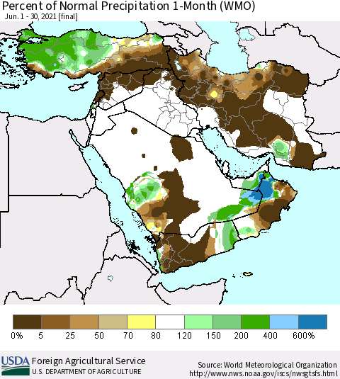 Middle East and Turkey Percent of Normal Precipitation 1-Month (WMO) Thematic Map For 6/1/2021 - 6/30/2021