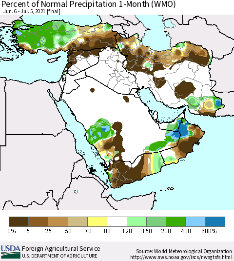 Middle East and Turkey Percent of Normal Precipitation 1-Month (WMO) Thematic Map For 6/6/2021 - 7/5/2021