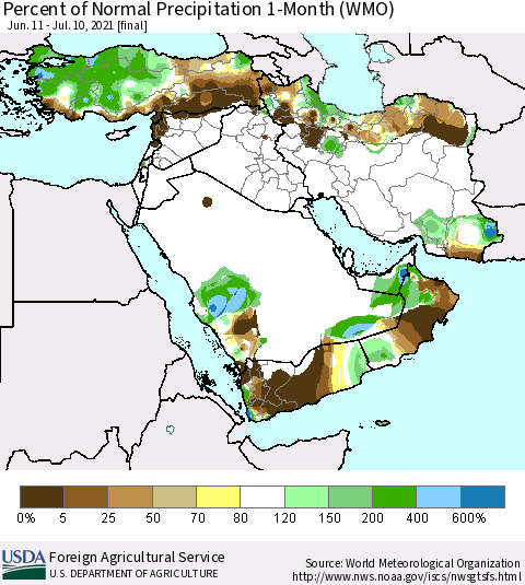 Middle East and Turkey Percent of Normal Precipitation 1-Month (WMO) Thematic Map For 6/11/2021 - 7/10/2021
