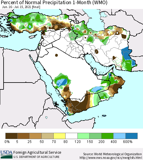 Middle East and Turkey Percent of Normal Precipitation 1-Month (WMO) Thematic Map For 6/16/2021 - 7/15/2021