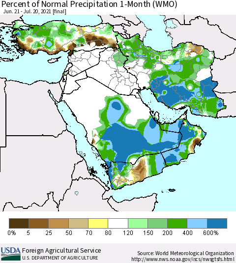 Middle East and Turkey Percent of Normal Precipitation 1-Month (WMO) Thematic Map For 6/21/2021 - 7/20/2021